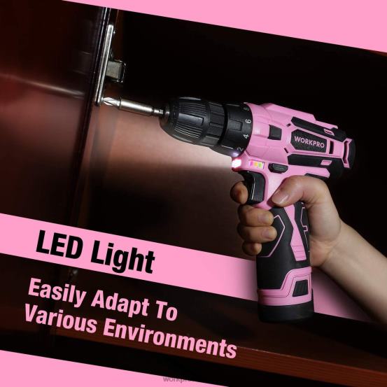 Mașină de găurit cu acumulator de 12 V și trusă de instrumente pentru casă cu geantă de depozitare de 14 inchi WORKPRO 2HX80258 roz instrument