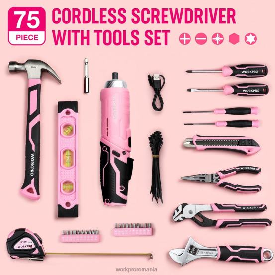 Set de 75 de unelte, șurubelniță rotativă fără fir de 3,7 V și trusă de unelte de uz casnic WORKPRO 2HX80260 roz instrument