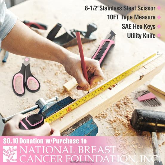 Set de scule de 52 buc, set de instrumente de acasă pentru femei cu cutie de scule de depozitare, set de instrumente de bază - panglică WORKPRO 2HX80249 roz instrument