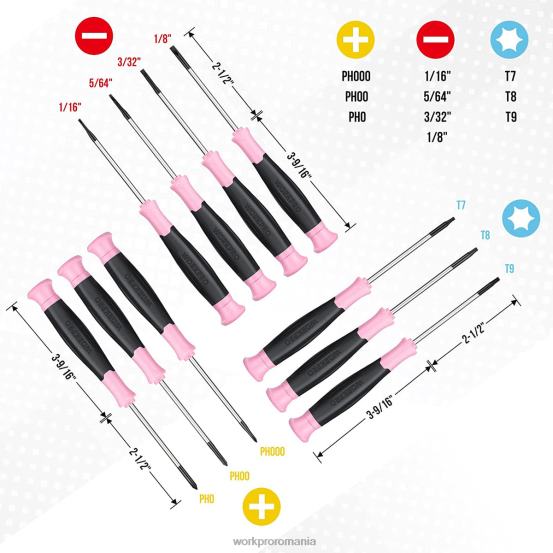 Set de șurubelnițe de precizie 10 buc, cu husă, phillips, crestat, stea torx, kit de reparare șurubelnițe mici cu vârf magnetic WORKPRO 2HX80255 roz instrument