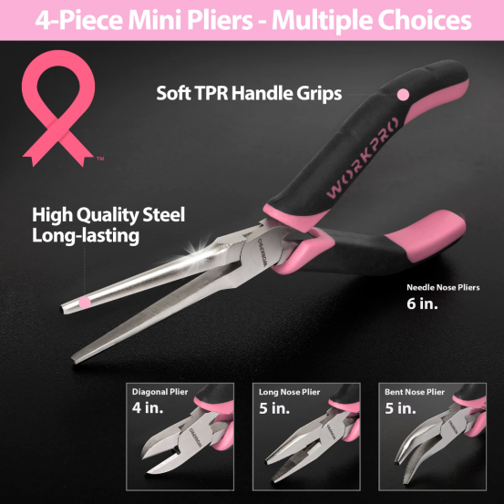 Setul de instrumente de reparație de precizie de 33 de bucăți include un set de clești WORKPRO 2HX80257 roz/albastru instrument