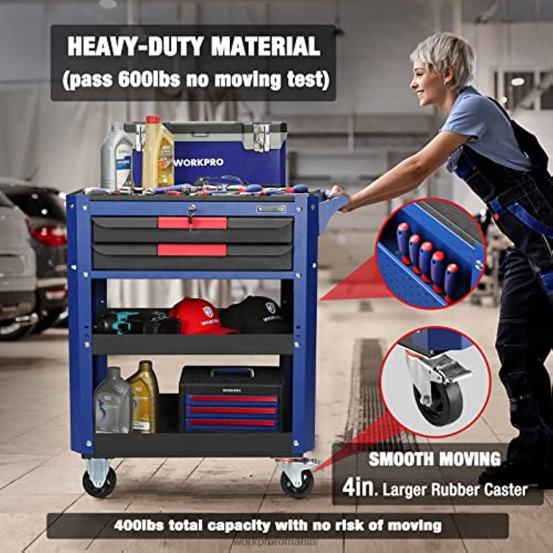 Carucior de scule rulant premium cu 2 sertare, organizator de depozitare pentru carucioare de serviciu industrial de utilitate grea cu roti si sistem de blocare WORKPRO 2HX8016 util depozitare