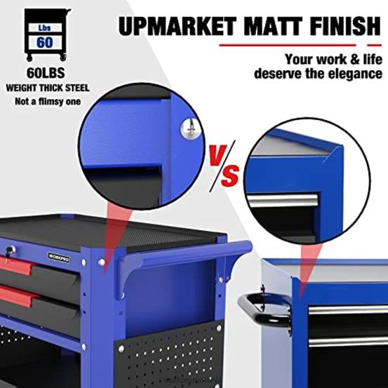 Carucior de scule rulant premium cu 2 sertare, organizator de depozitare pentru carucioare de serviciu industrial de utilitate grea cu roti si sistem de blocare WORKPRO 2HX8016 util depozitare