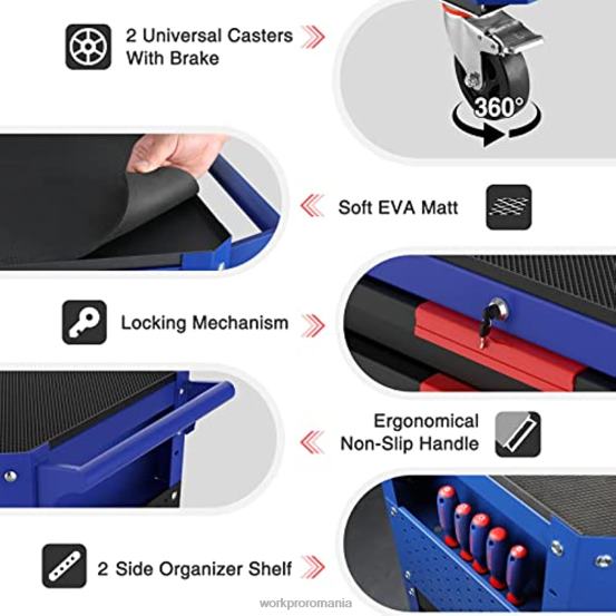 Carucior de scule rulant premium cu 2 sertare, organizator de depozitare pentru carucioare de serviciu industrial de utilitate grea cu roti si sistem de blocare WORKPRO 2HX8016 util depozitare