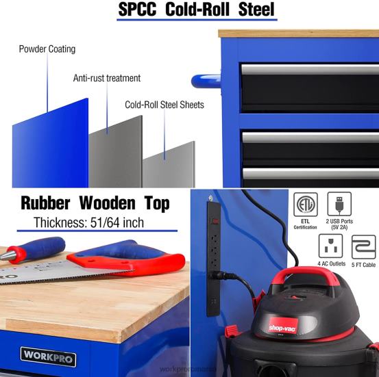 Cufă pentru instrumente rulanta cu 9 sertare de 46 inch, cu blat din lemn, echipată cu roți, mâner, căptușeală pentru sertar și sistem de blocare, capacitate de încărcare de 1200 lbs WORKPRO 2HX8015 m