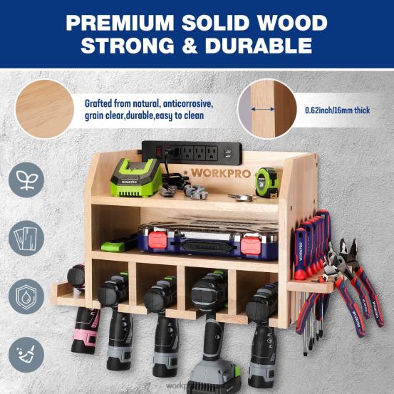 Organizator de scule electrice, suport de perete de depozitare pentru suport de găurit cu acumulator cu 5 fante pentru agățat pentru găurit, depozitare pentru unelte din lemn masiv WORKPRO 2HX8019 uti