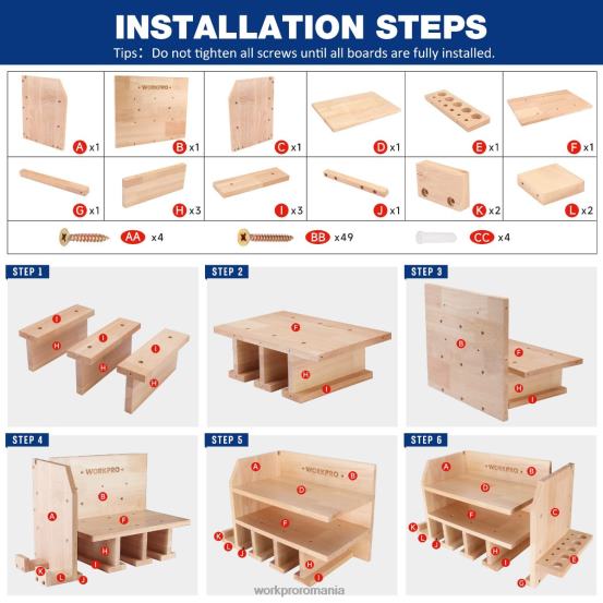 Organizator de scule electrice, suport de perete de depozitare pentru suport de găurit cu acumulator cu 5 fante pentru agățat pentru găurit, depozitare pentru unelte din lemn masiv WORKPRO 2HX8019 uti