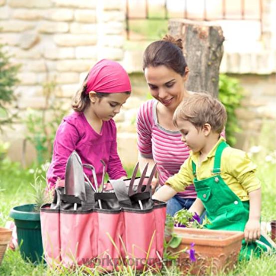 geanta pentru scule de gradina, geanta de depozitare tote de gradina cu 8 buzunare, organizator de casa pentru gradinarit interior si exterior WORKPRO 2HX80256 roz/verde depozitare