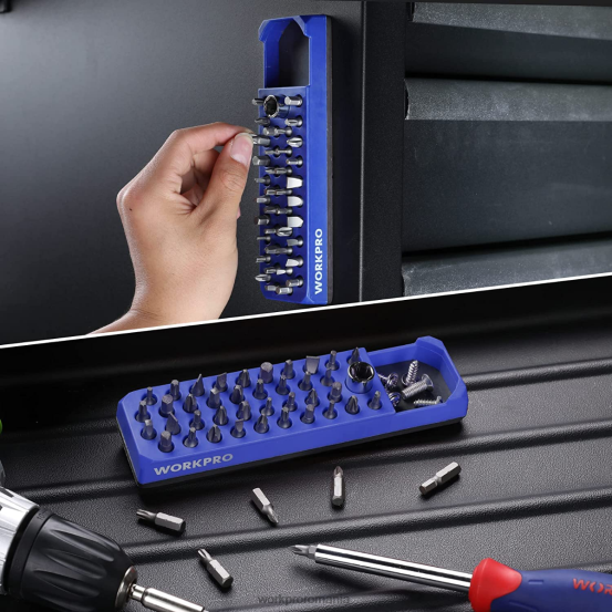 Organizator de burghie pentru șurubelniță hexagonală magnetică cu 39 de găuri pentru bit hexagonal de 1/4 inch și adaptor pentru burghie WORKPRO 2HX80132 rosu albastru instrument