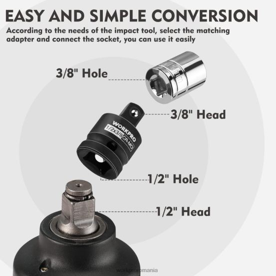 Set de adaptor și reductor pentru șofer cu impact din 4 piese, kit de conversie cheie WORKPRO 2HX8094 util instrument