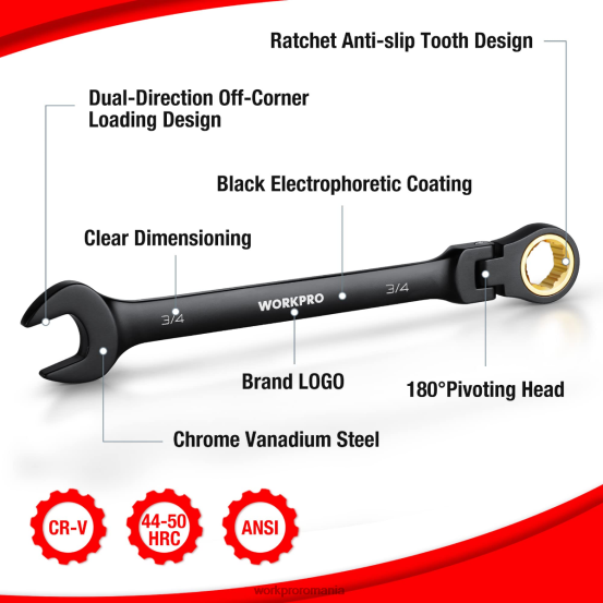 Set de chei anti-alunecare cu cap flexibil cu combinație cu clichet de 8 buc WORKPRO 2HX8080 morden instrument