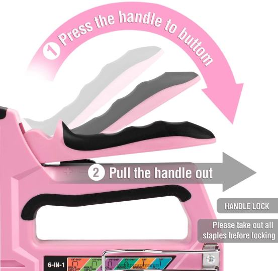 Pistol de cuie manual 6-în-1 pentru tapițerie brad WORKPRO 2HX8059 roz/gri instrument