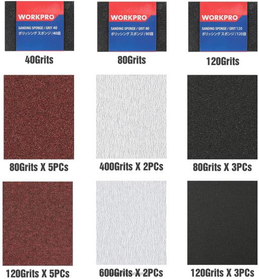 24 pachete de șmirghel 80-600 granulație asortată cu suport WORKPRO 2HX80150 util instrument