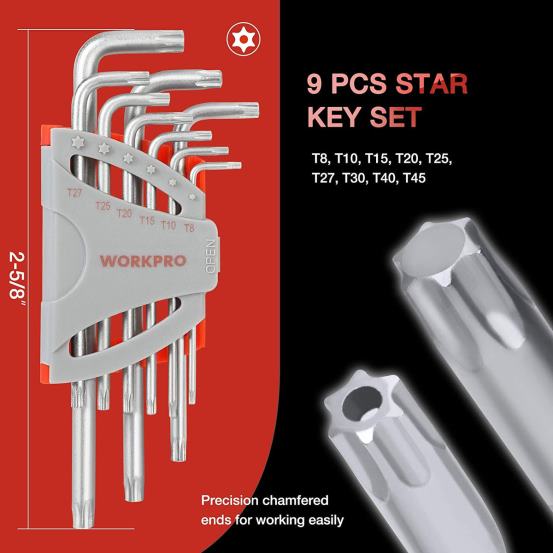 Set de chei hexagonale cu braț lung de 27 de bucăți pentru aderență excelentă și transfer de cuplu WORKPRO 2HX8062 util instrument