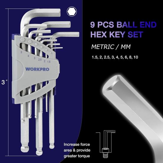 Set de chei hexagonale cu braț lung de 27 de bucăți pentru aderență excelentă și transfer de cuplu WORKPRO 2HX8062 util instrument