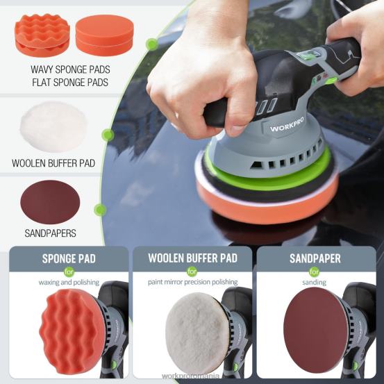 Polizor tampon auto fără fir de 6 inci cu acțiune dublă cu 2 baterii reîncărcabile de 12 V WORKPRO 2HX80238 morden instrument