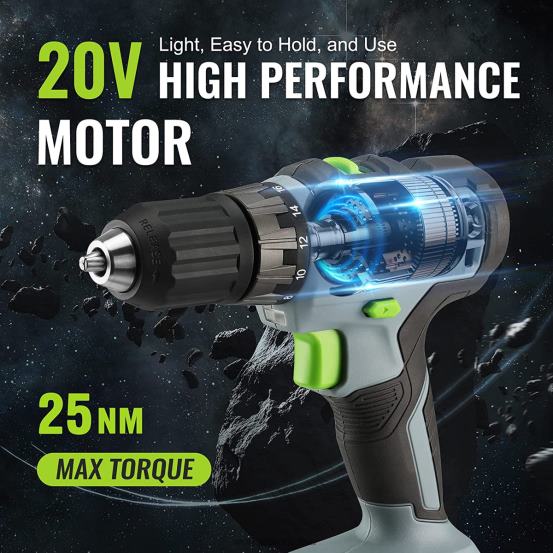 Kit mașină de găurit fără fir de 20 V, baterie li-ion de 2,0 ah, încărcător rapid de 1 oră și geantă de depozitare de 11 inchi incluse WORKPRO 2HX80176 verde instrument