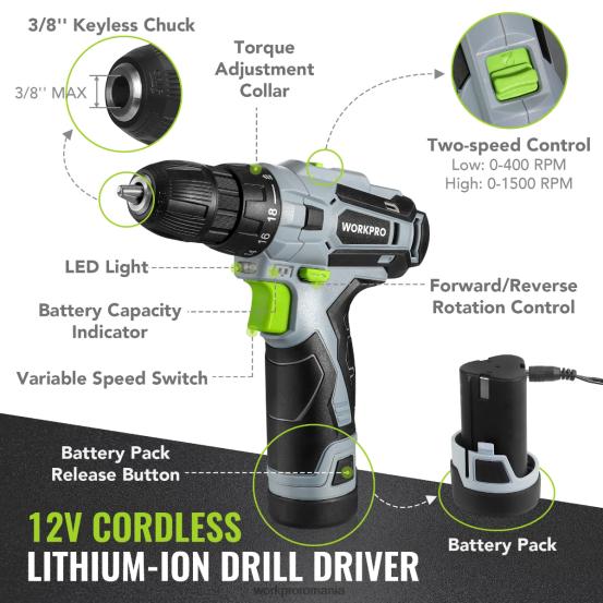 Set de scule portabile de 108 piese cu burghiu electric WORKPRO 2HX80173 roz/gri instrument