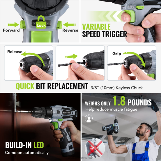 Set de scule portabile de 108 piese cu burghiu electric WORKPRO 2HX80173 roz/gri instrument