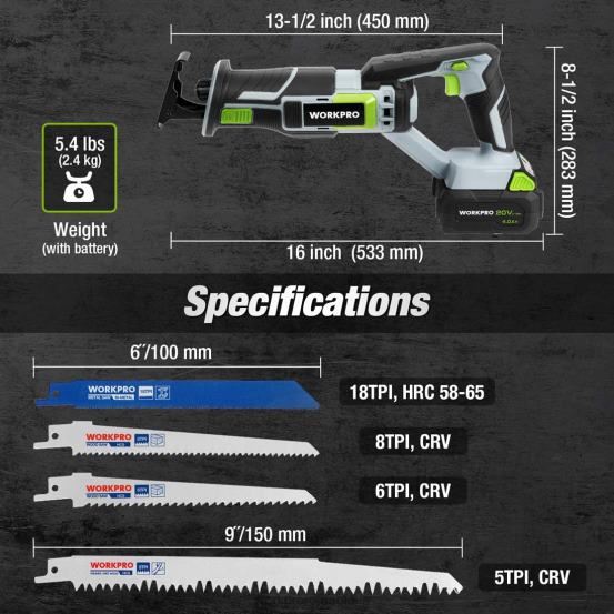 ferăstrău alternativ fără fir, 4 pânze de ferăstrău pentru tăierea lemnului și a metalelor incluse WORKPRO 2HX80184 nou instrument