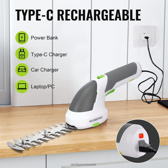 Foarfece pentru gard viu 2 în 1, 7,2 V, electrică fără fir pentru tuns arbuști WORKPRO 2HX80269 roz/verde/alb instrument
