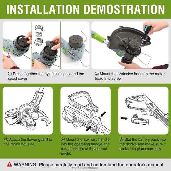 Trimmer / mașină de tuns fără fir de 20 V 12 inchi cu baterie litiu-ion de 2 Ah Încărcător rapid de 1 oră Linie de tuns 16,4 ft inclusă WORKPRO 2HX80293 util instrument