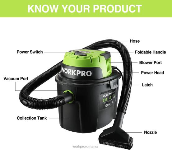 Aspirator umed/uscat 2,5 galoane 3 cai putere de vârf, aspirator portabil de magazin pentru casă WORKPRO 2HX80216 util instrument